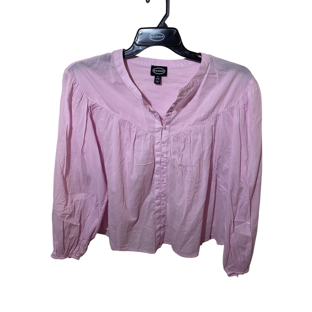Scoop Women Orchid Rose Flowy Blouson Top Button Front Long Sleeve Pink Size M